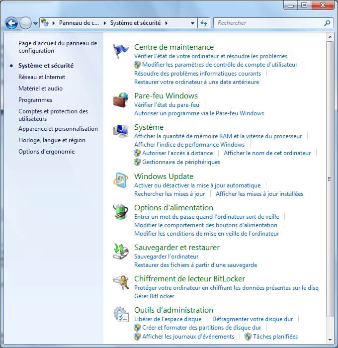 Système et sécurité de Windows 7