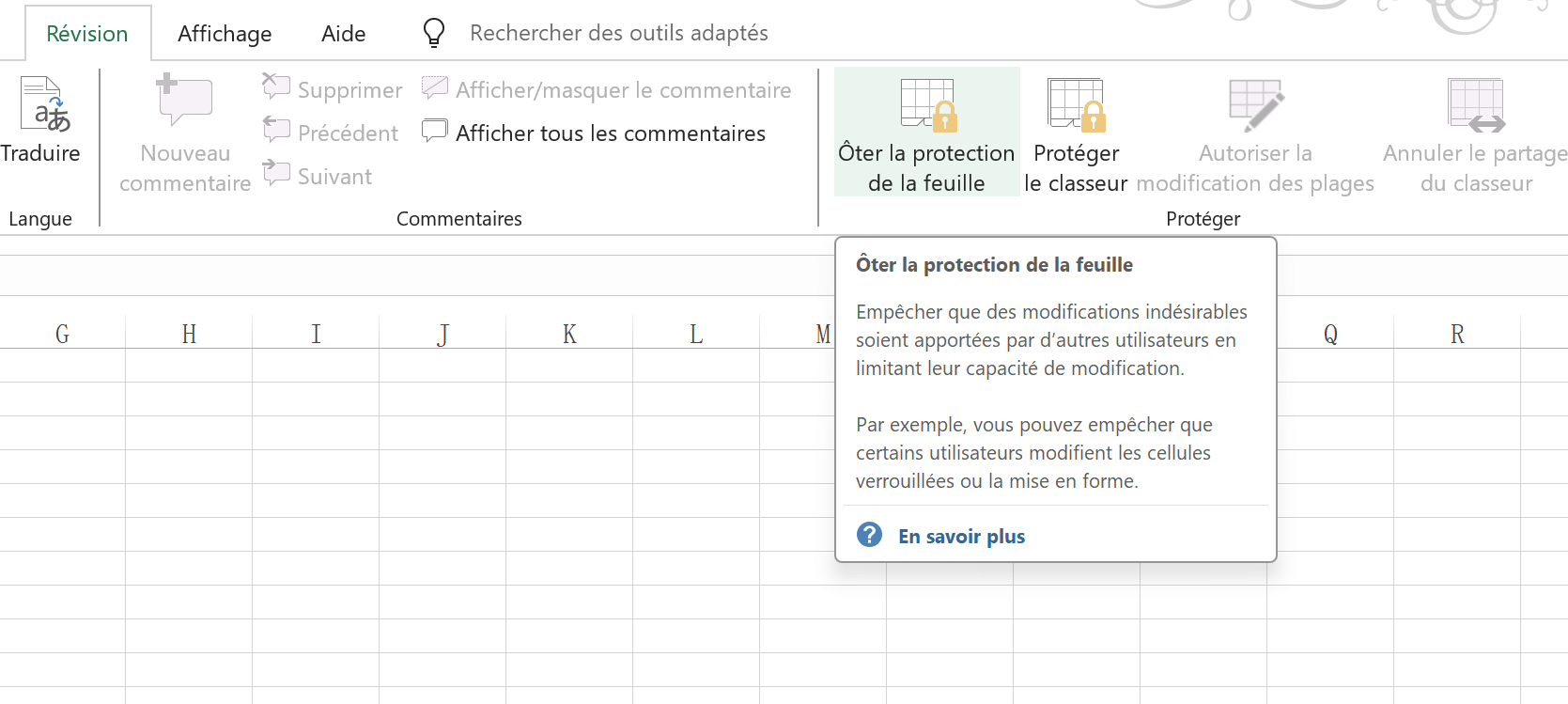 Déprotéger les cellules Excel via l'onglet Révison