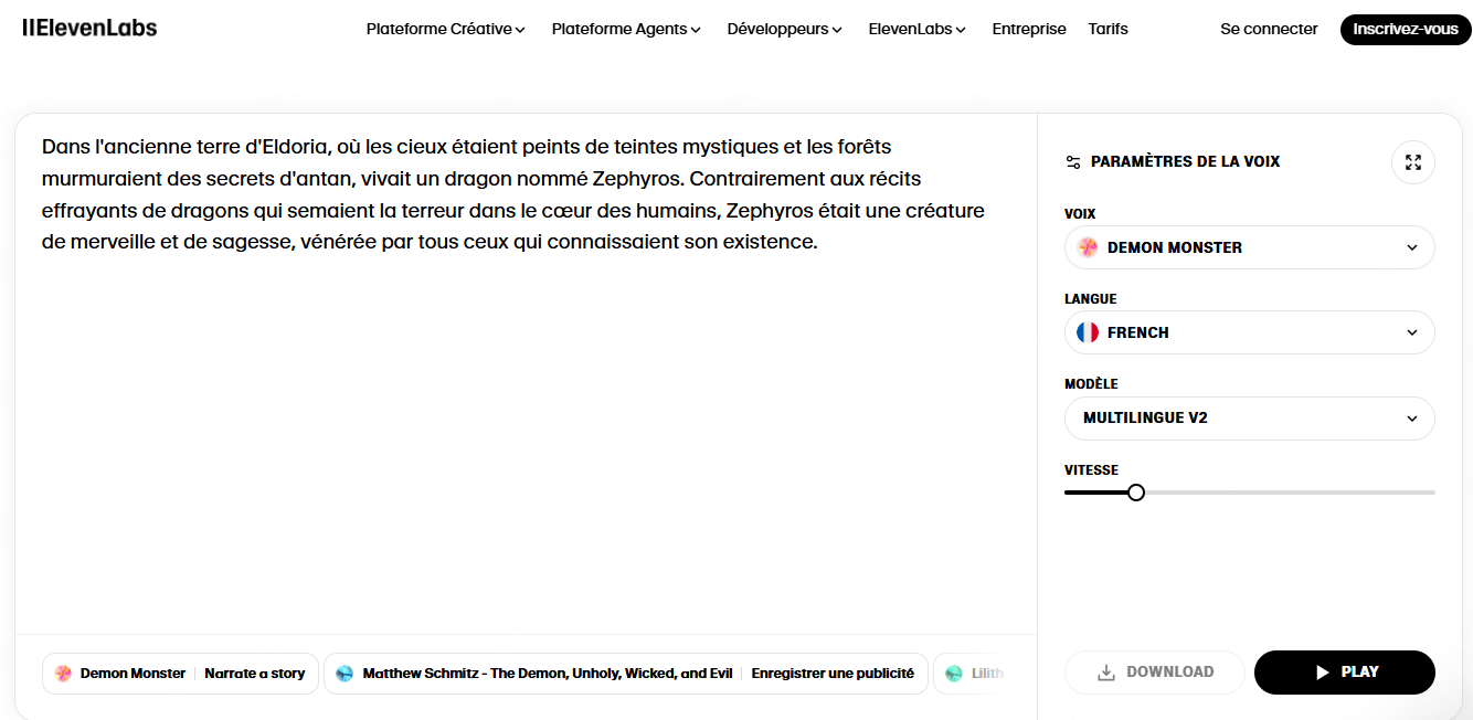 Elevenlabs.io, générateur de voix de démon réaliste en ligne