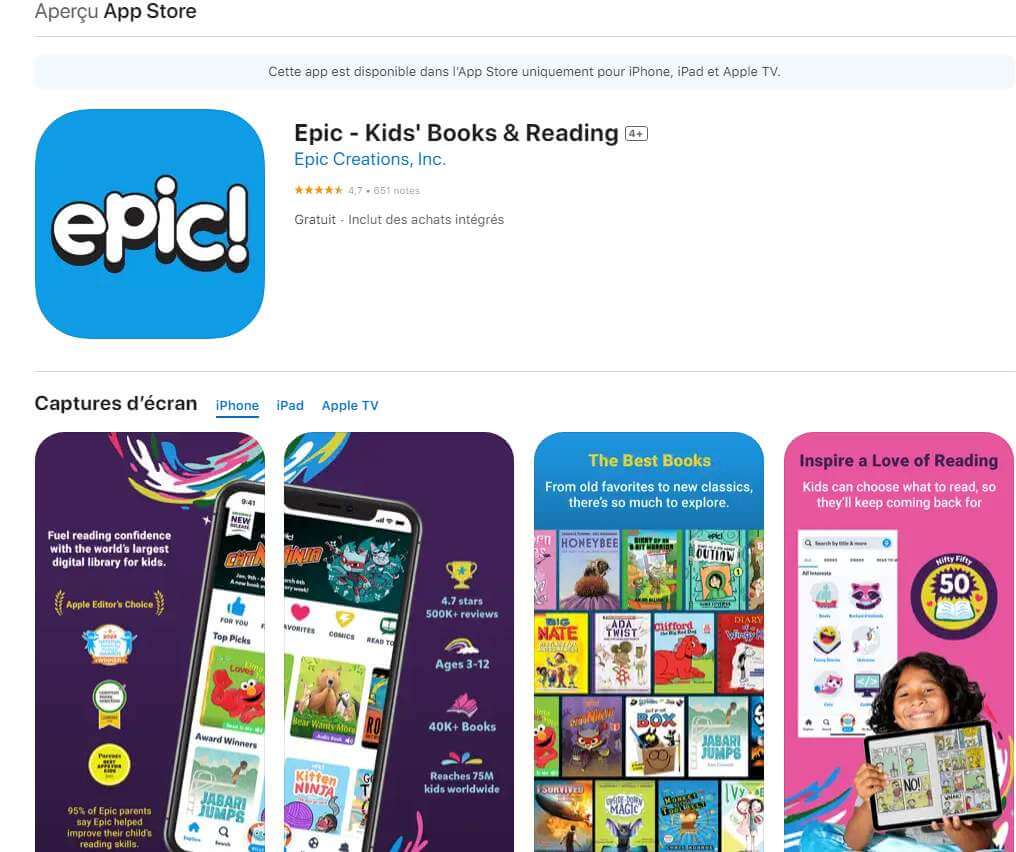 Epic!, application numérique de livres électroniques et de livres audio pour les enfants de 12 ans et moins