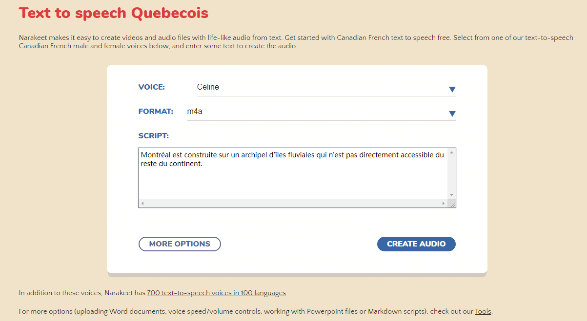 Narakeet - Simulateur d'accent québécois en ligne