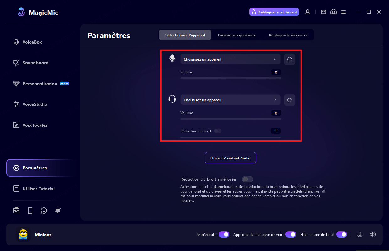 sélectionner le microphone et le casque dans MagicMic