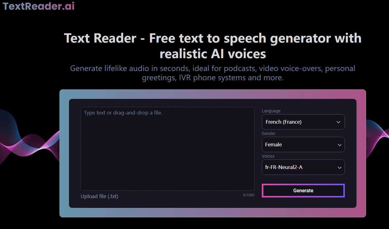 convertir texte en voix en ligne gratuit avec Textreader.ai