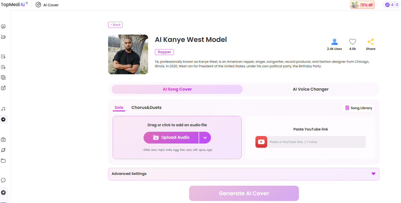 TopMediai, faire une Cover IA Kanye West en ligne