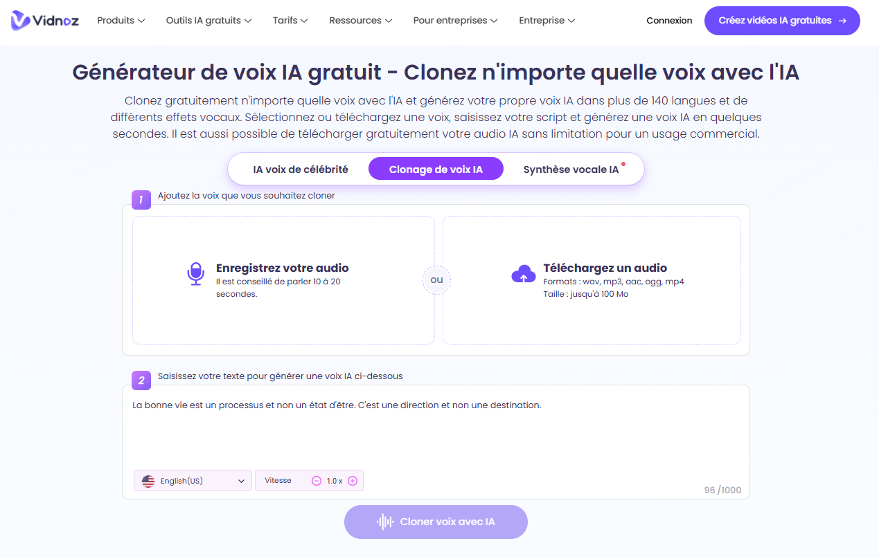 Vidnoz AI, générateur vidéo IA avec le clonage de voix de célébrité