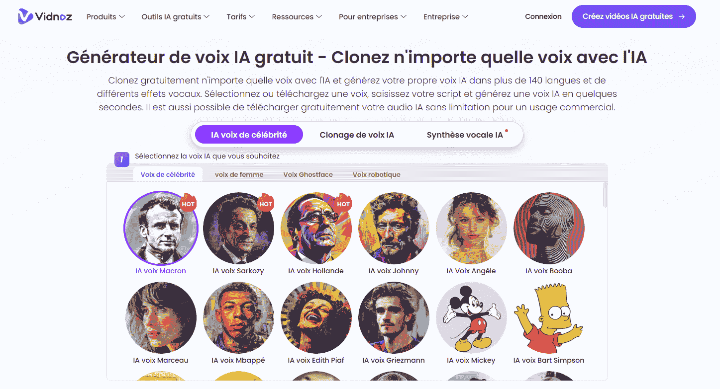 Vidnoz, générateur d'IA voix de Macron en ligne