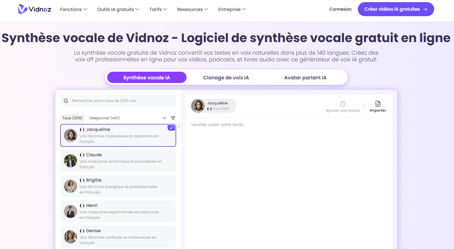 Vidnoz AI, synthétiseur vocal naturel gratuit en ligne