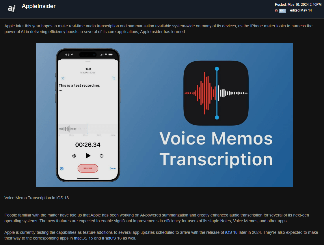 sur iOS 18, le Dictaphone transcrirait l'audio en texte