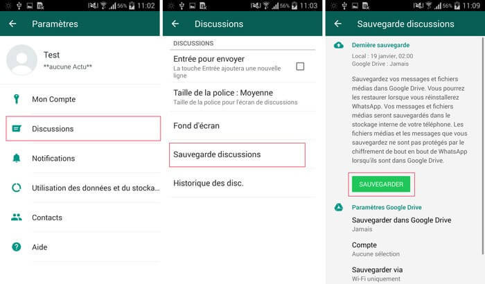 sauvegarder WhatsApp sur google drive Android