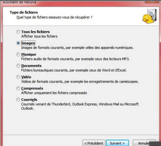 Sélectionnez le type de fichier à récupérer 