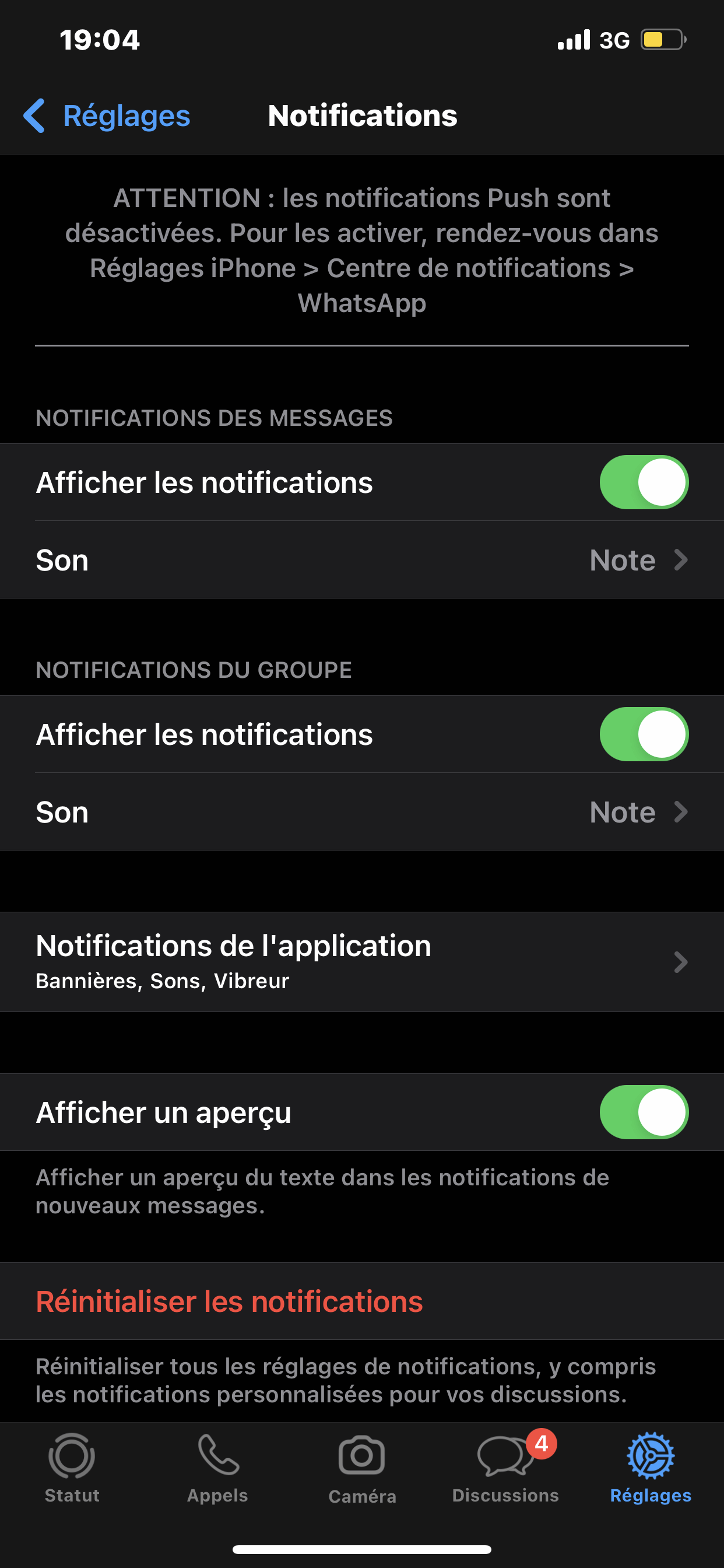 Réinitialiser les notifications WhatsApp iphone