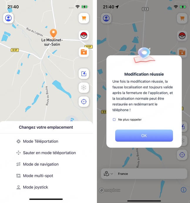 Appuyez longuement pour changer la location dans igo