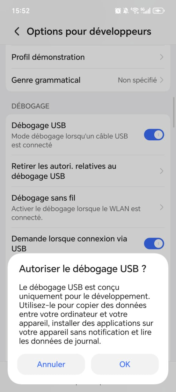 activer le débogage usb