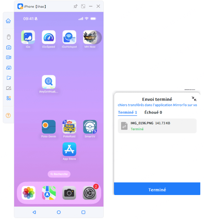 MirrorTo Transfert de fichier iOS terminé