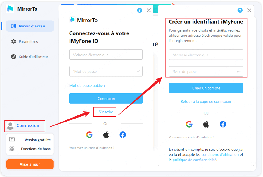 Cliquez sur « S'inscrire » pour créer un compte