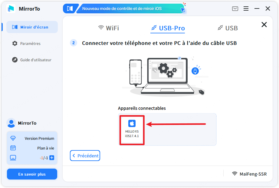 connectez votre appareil iOS à l'ordinateur avec câble USB