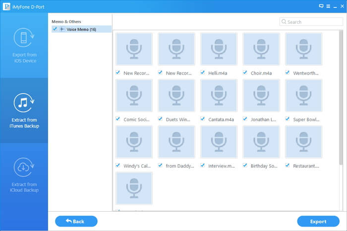 select voice memos in iTunes backup