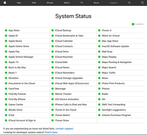 Vérifier l'état du serveur Apple iCloud