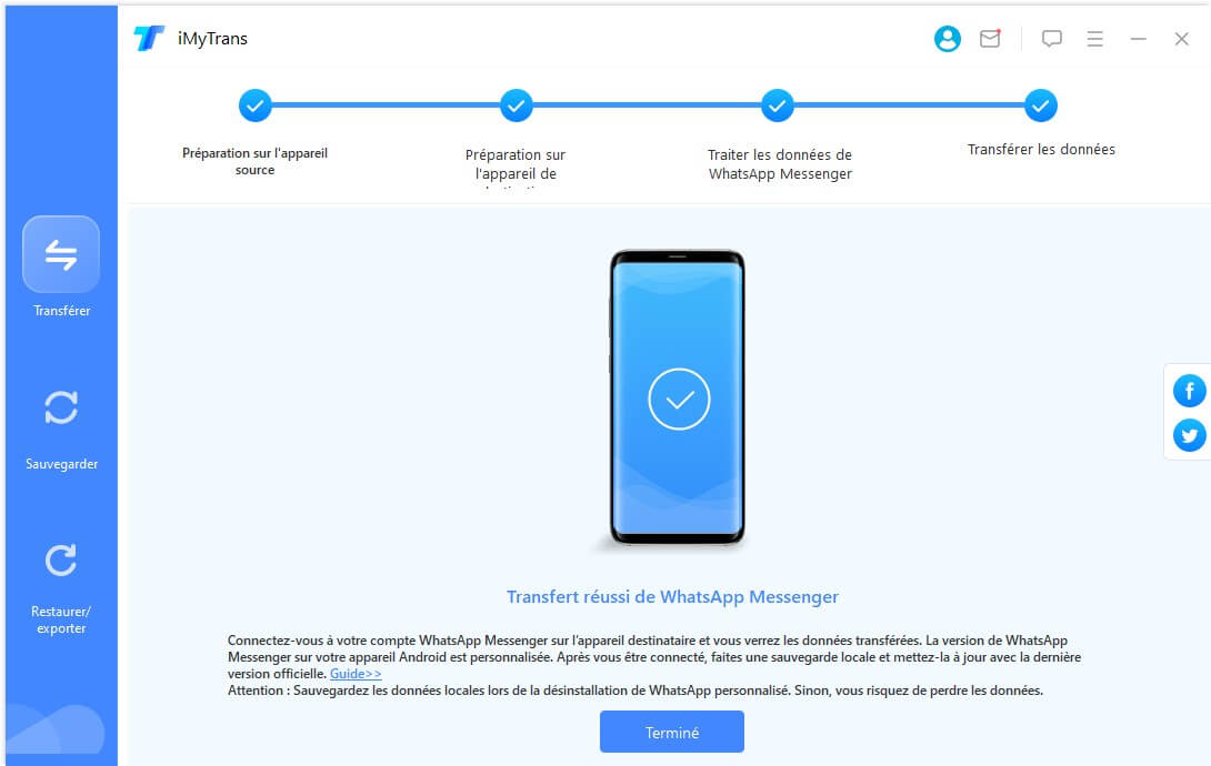 transférer WhatsApp d'android à Android avec succès