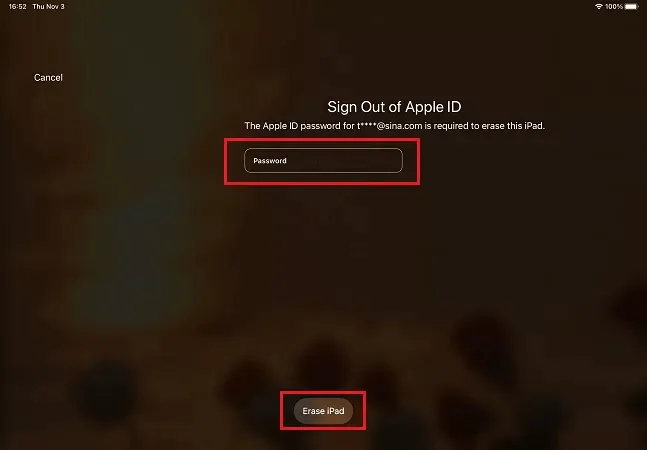 Εισαγάγετε τον κωδικό πρόσβασης Apple ID για να διαγράψετε το iPad σας