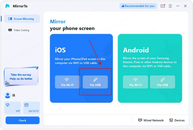 επιλέξτε iOS και USB για σύνδεση