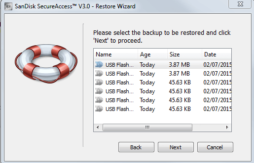 sandisk secureaccess restore wizard select backup