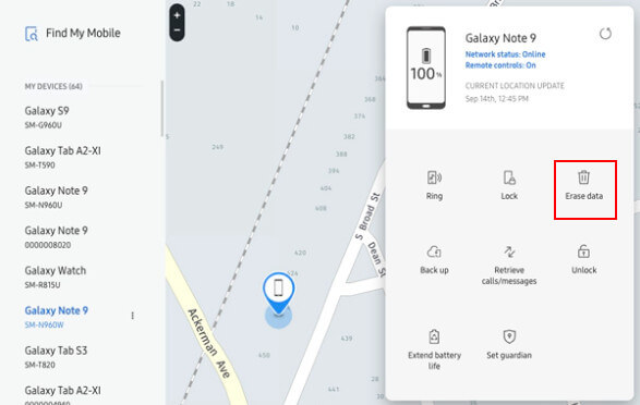 Opcija brisanja podataka u aplikaciji Samsung Find My Mobile