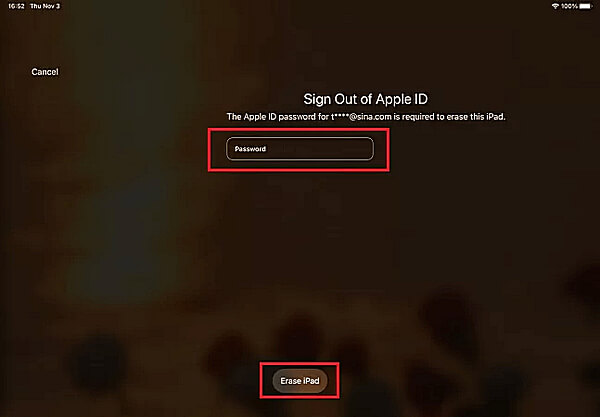 írja be az Apple ID jelszavát az iPad törléséhez