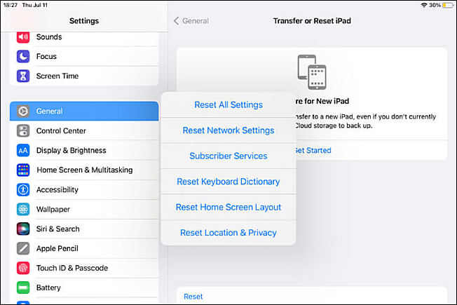 állítsa vissza az összes beállítást az ipad-ről