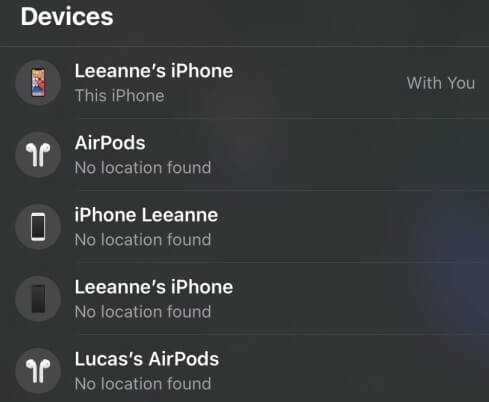 Az iPhone lokátor alkalmazásában megjelenő eszközlista