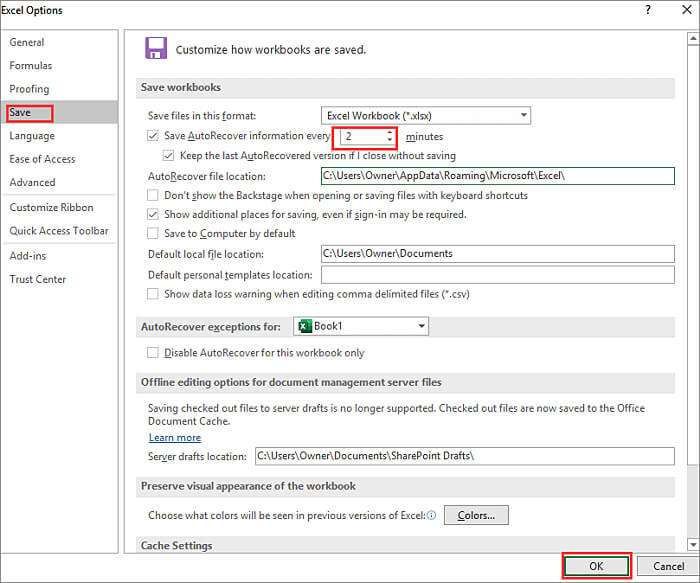 excel automatikus mentés beállításai