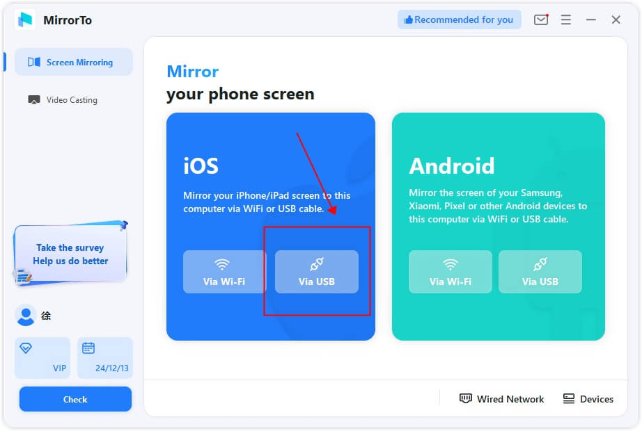 válasszon ios és az USB kapcsolat