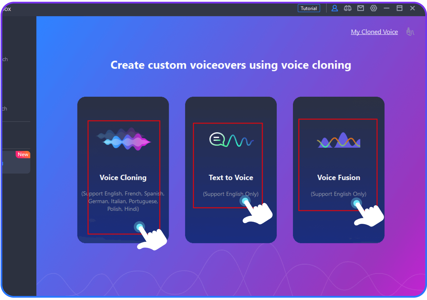 Válassza a Voice Clone, majd a Discovery Recording Environment lehetőséget