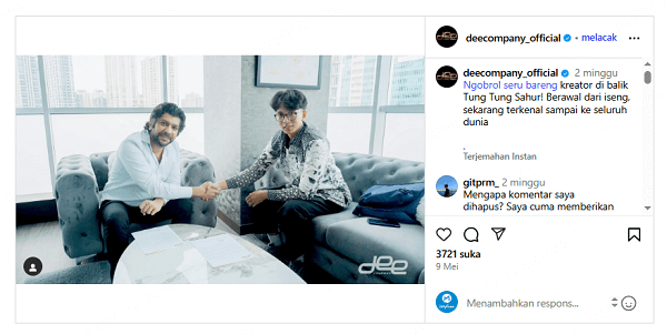 Dee Company Indonesia di Instagram nya menyatakan minat untuk mengangkat karakter TUNG TUNG TUNG SAHUR ke dalam film