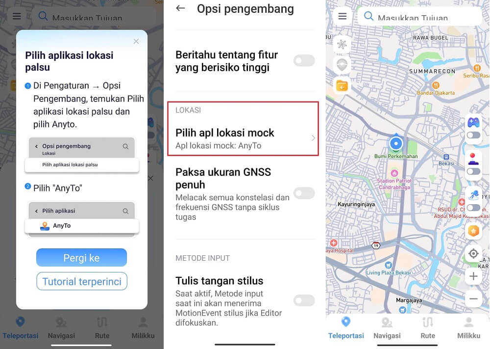 ikuti intruksinya dengan mengaktifkan Mock Location untuk AnyTo