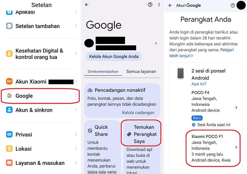 menggunakan akun google tersebut untuk login ke perangkat untuk pelacakan