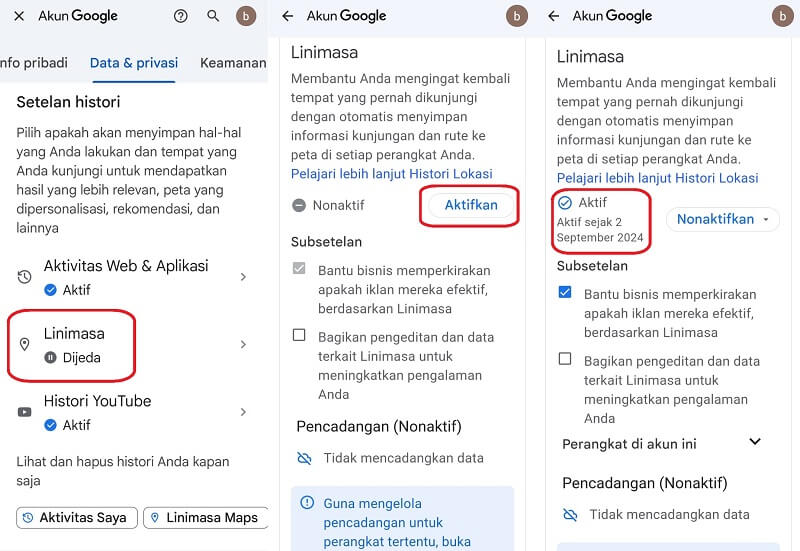 mengaktifkan google linimasa secara manual