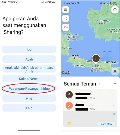 Menggunakan iSharing Melacak Lokasi nomor HP pasagan
