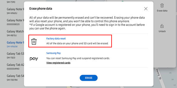Pilih untuk mereset data Samsung ke pengaturan pabrik