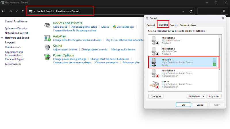 microphone sound settings on the computer