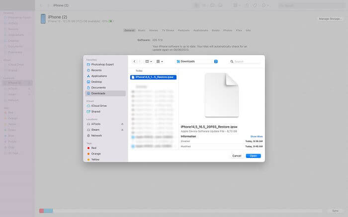 pilih file ipsw dari jendela pop-up