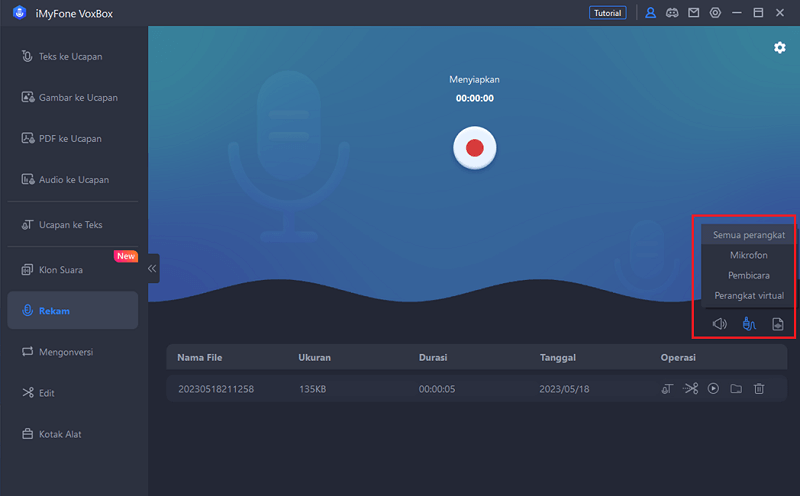 mengatur sumber suara melalui menu pada pengaturan perekaman VoxBox