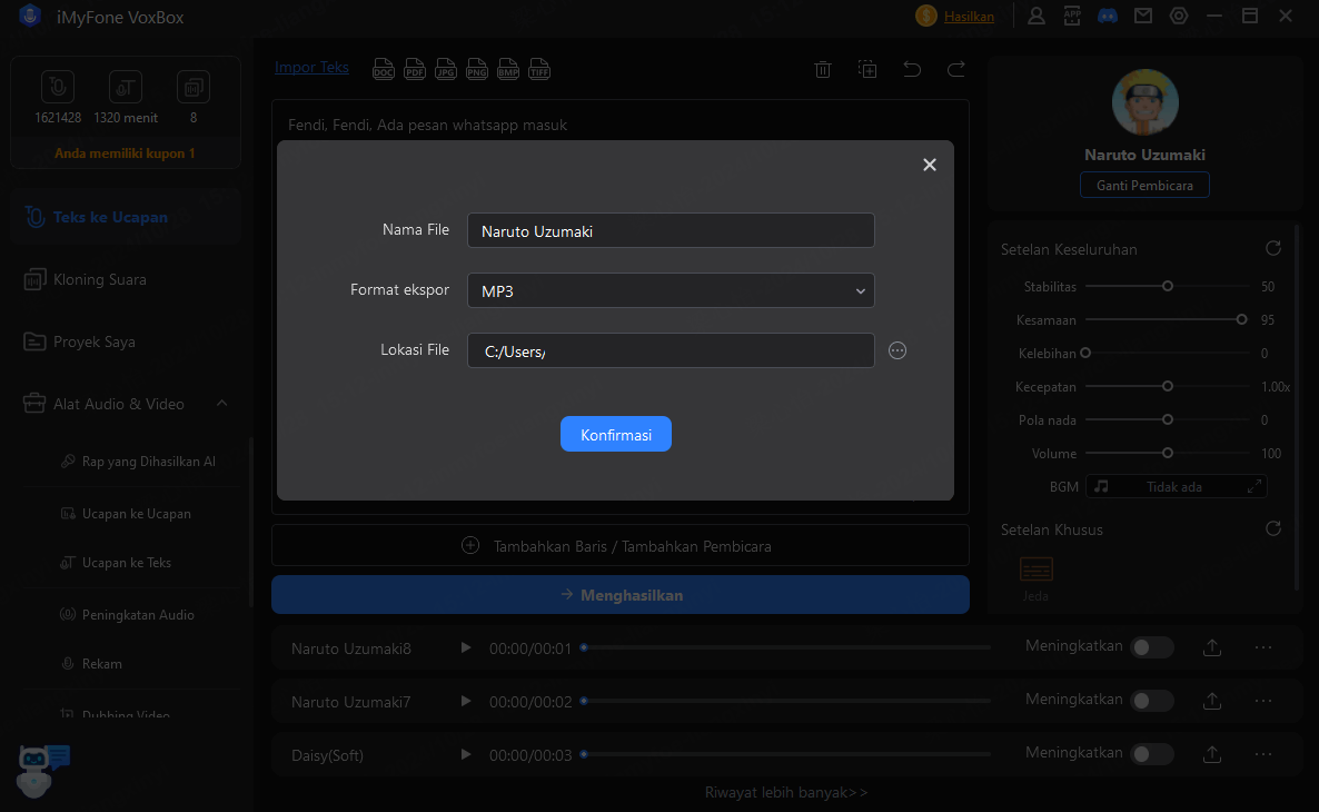 ekport menjadi bentuk file MP3 dan menyimpannya ke perangkat