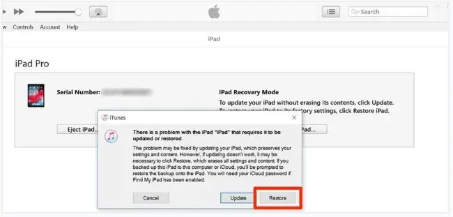 iPad a athbhunú i mód aisghabhála ag baint úsáide as iTunes