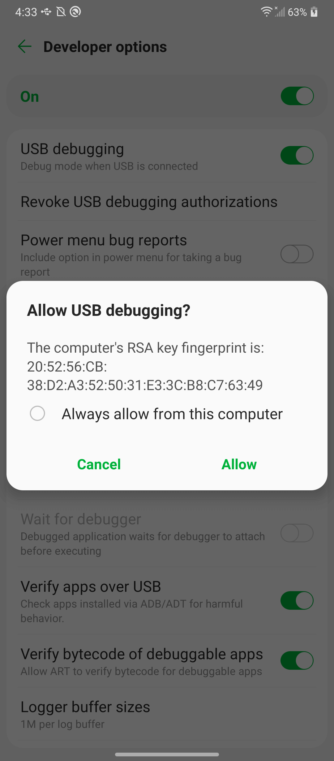 cheadú i gcónaí usb debugging