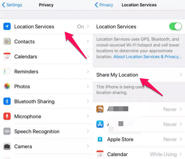turn share my location off in iphone settings
