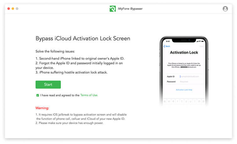 לחץ על התחל כדי להתחיל את פתיחת הנעילה של iCloud