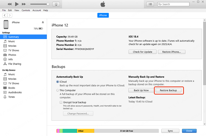 שחזור גיבוי באמצעות iTunes