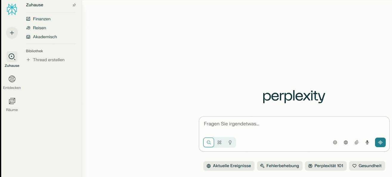 Perplexity Hauptoberfläche