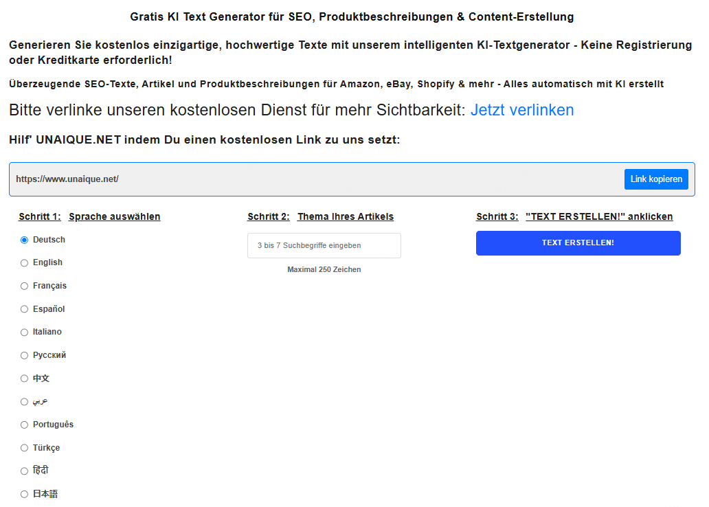 UNAIQUE.net AI Text erstellen ohne Anmelden